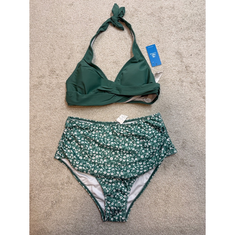 Cupshe Green Floral High Waist‎ Bikini Set Twist Front Halter Top Ruffle Swim
